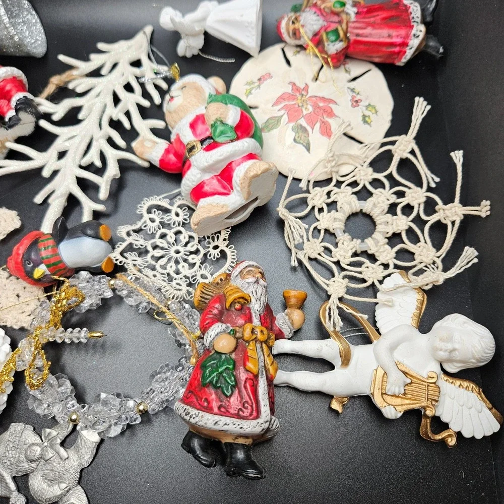 Vintage Christmas Ornament Lot –‎ Mixed Santa, Angel, Crochet & Beaded Decor